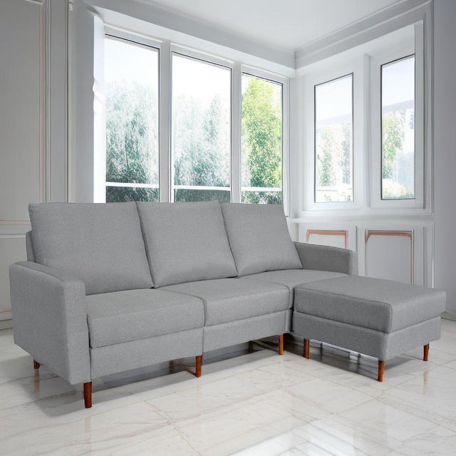 Redde Boo modern light gray fabric L shaped sofa, full K/D 3 seater sofa and stool with storage for living room sofa set