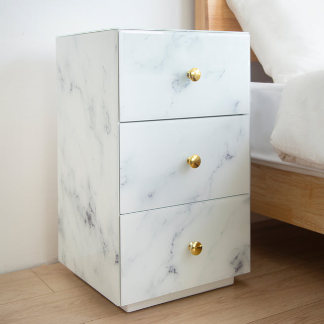 Glass Nightstand, Marble Nightstand with 3 Drawers,Side Table for Bedroom, Living Room(Tempered Glass)