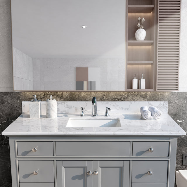 Montary 49‘’x22" bathroom stone vanity top engineered stone carrara white marble color with rectangle undermount ceramic sink and 3 faucet hole with back splash .