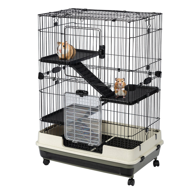 4-Tier 32"Small Animal Metal Cage Height Adjustable with Lockable Casters Grilles Pull-out Tray for Rabbit Chinchilla Ferret Bunny Guinea Pig Squirrel Hedgehog(BLACK)(=OLD SKU:W69133214)