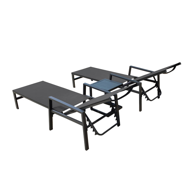 Outdoor 3-Pcs Set Chaise Lounge Chairs With Table,Five-Position Adjustable Aluminum Recliners Set,All Weather For Patio,Beach,Yard, Pool(Grey Frame/Dark Gray Fabric)