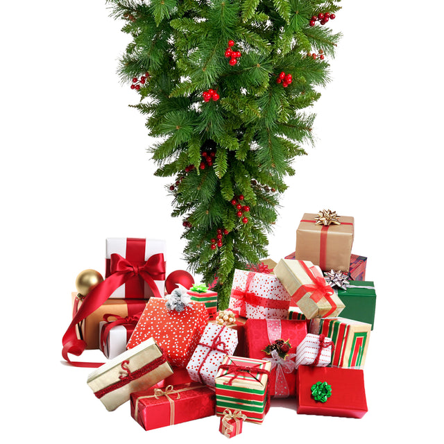 GO 7.4 ft Upside Down Green Christmas Tree Hinged Spruce Full Tree, 1500 branch tips, with Red Artificial Berries, PVC Pine Needles, Artificial Holiday Christmas Pine Tree for Home, Office, Party.