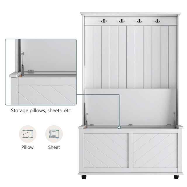 U-Can Hall Tree with 4 Hooks , Coat Hanger, Entryway Bench, Storage Bench, 3-in-1 Design, 40INCH, for Entrance, Hallway (White)