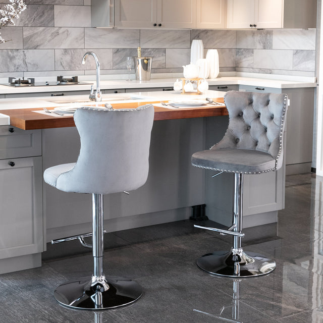 A&A Furniture,Swivel Velvet Barstools Adjusatble Seat Height from 25-33 Inch, Modern Upholstered Chrome base Bar Stools with Backs Comfortable Tufted for Home Pub and Kitchen Island(Gray,Set of 2)