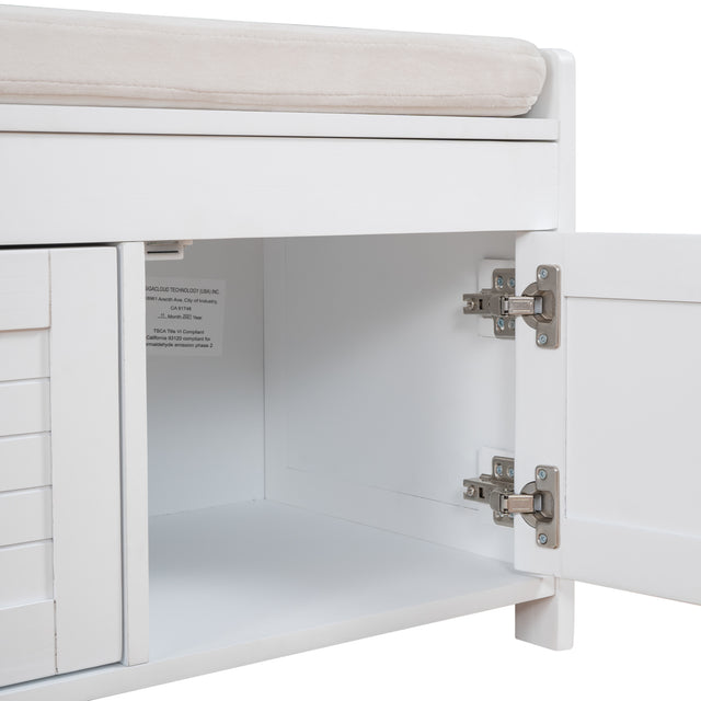 TREXM Storage Bench with 3 Shutter-shaped Doors, Shoe Bench with Removable Cushion and Hidden Storage Space (White)