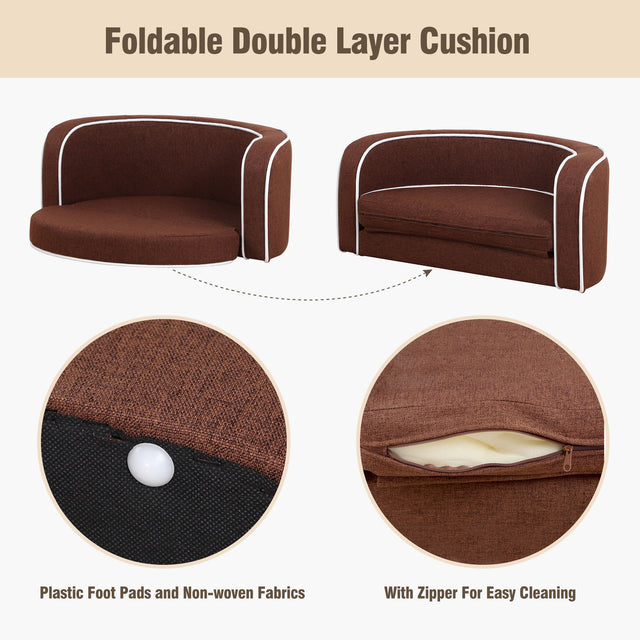 30" Brown Round Pet Sofa, Dog sofa, Dog bed, Cat Bed, Cat Sofa, with Wooden Structure and Linen Goods White Roller Lines on the Edges Curved Appearance pet Sofa with Cushion