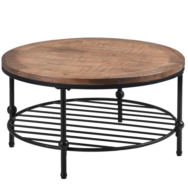 TREXM Rustic Natural Round Coffee Table with Storage Shelf for Living Room, Easy Assembly (Round)