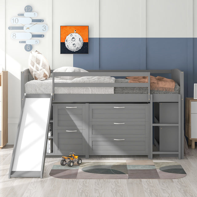 Low Twin Size Loft Bed with Cabinets, Shelves and Slide - Gray(OLD SKU :LP000503AAE)
