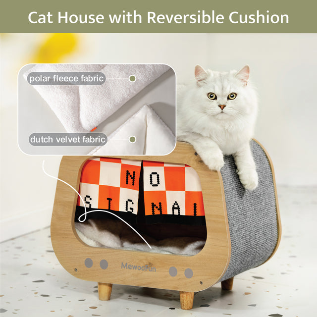 Classic Wooden TV-Shaped Cat Bed, Cat House with Cushion, Grey