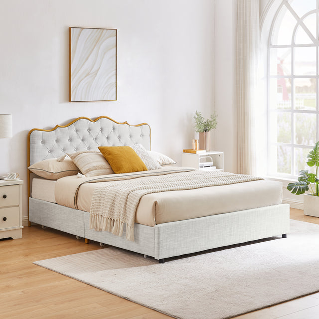 Classic buckle backrest, metal frame, solid wood ribs, with four storage drawers, sponge soft bag, comfortable and elegant atmosphere, light gray, f-size