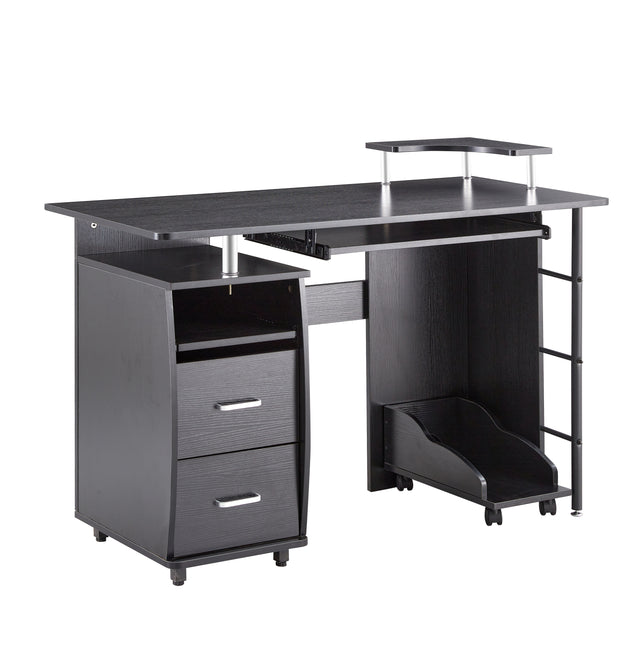 D&N solid wood computer Desk,office table with PC droller, storage shelves and file cabinet , two drawers, CPU tray,a shelf used for planting, single , black. 47.24''L 21.65''W 34.35''H