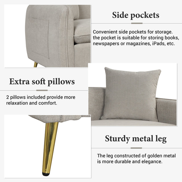 2 Piece Velvet Upholstered Sofa Sets,Loveseat and 3 Seat Couch Set Furniture with 2 Pillows and Golden Metal Legs for Different Spaces,Living Room,Apartment,Gray