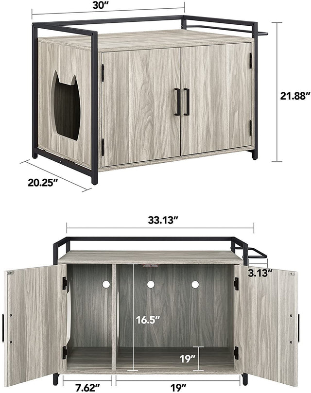 Hidden Cat Litter Box Furniture with Ventilation and Bench Seat, Pet Crate with Iron and Wood Sturdy Structure