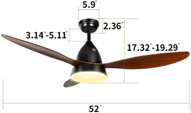 ANKEE Ceiling Fans, 52’’ Ceiling Fan with LED Frosted Light and Remote Control,Brushed Nickel Finish Blades for Living Room Kitchen Bedroom Dining Room, Brown-black