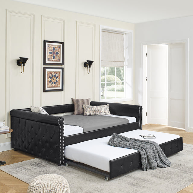 Daybed with Trundle Upholstered Tufted Sofa Bed, with Button and Copper Nail on Arms,Full Daybed & Twin Trundle, PU Black(85.5“x57”x30.5“)