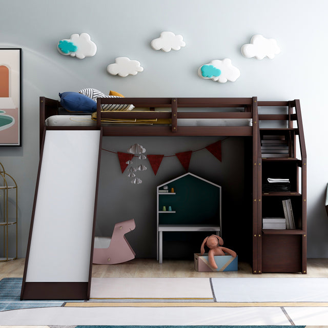 Twin Size Loft Bed with Storage and Slide, Espresso