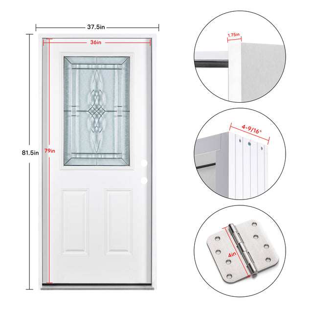 37.5inx81.5in Left Hand Inswing Decorative Glass- Zinc Caming Fiber Glass Prehung Entry Door .