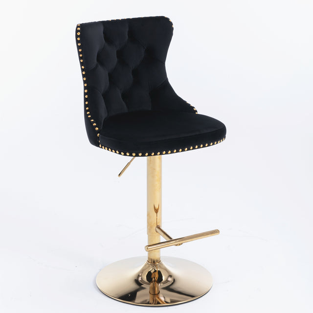 A&A Furniture,Golden Swivel Velvet Barstools Adjusatble Seat Height from 25-33 Inch, Modern Upholstered Bar Stools with Backs Comfortable Tufted for Home Pub and Kitchen Island(Black,Set of 2)