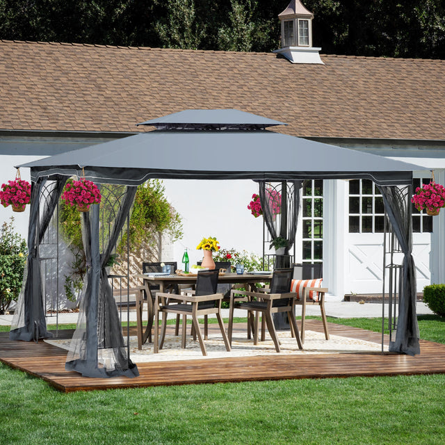 13x10 Outdoor Patio Gazebo Canopy Tent With Ventilated Double Roof And Mosquito net(Detachable Mesh Screen On All Sides),Suitable for Lawn, Garden, Backyard and Deck,Gray Top