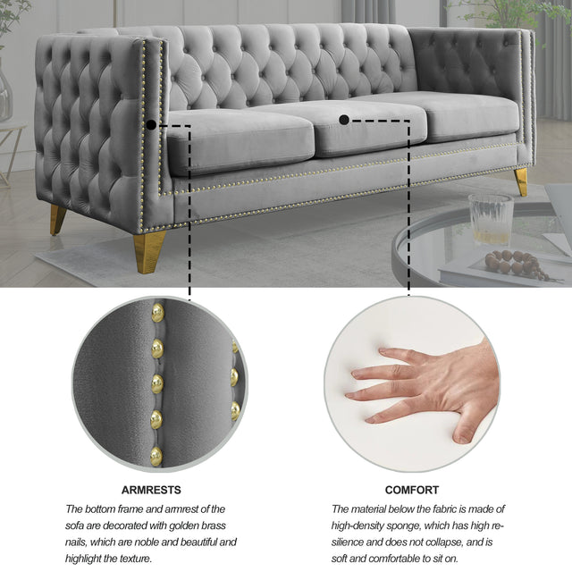 {Contact us for 3D modeling} Velvet Sofa for Living Room,Buttons Tufted Square Arm Couch, Modern Couch Upholstered Button and Metal Legs, Sofa Couch for Bedroom, Grey Velvet
