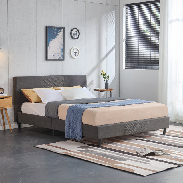 Queen Size Velvet Upholstered Tufted Platform Bed Frame / Mattress Foundation / Wood Slat Support / No Box Spring Needed / Easy Assembly, Queen, Platform Bed Only, Dark Grey