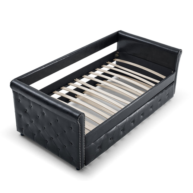 Daybed with Trundle Upholstered Tufted Sofa Bed, with Button and Copper Nail on Arms,both Twin Size, PU Black(85.5“x42”x30.5“)