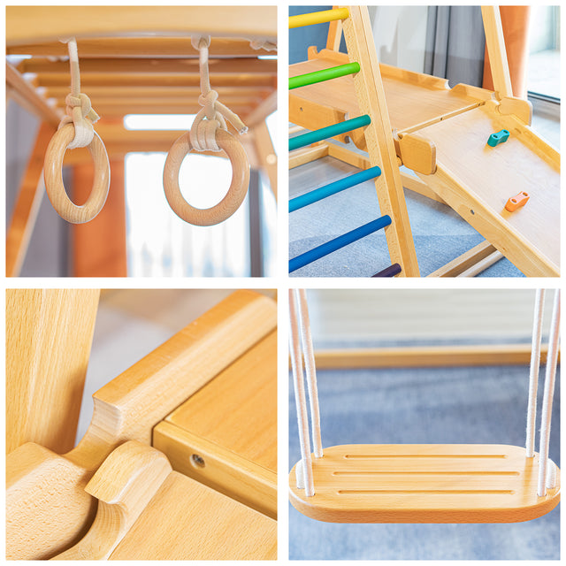 Indoor 7 in 1 children solid wood beech wood climbing frame baby slide18 months to 10 years old indoor ring swing small amusement park family small fitness