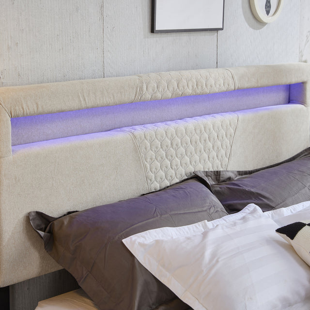 King Size Bed Frame, Modern Upholstered Platform Bed Frame with LED Lights and Height Adjustable Headboard, No Box Spring Needed/Easy Assembly/Pack in 1-Box/Noise-Free (Off white, King)