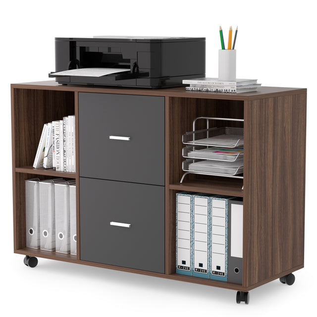 Mobile filing cabinet with 2 drawers and 4 open storage cabinets, Walnut-dark gray