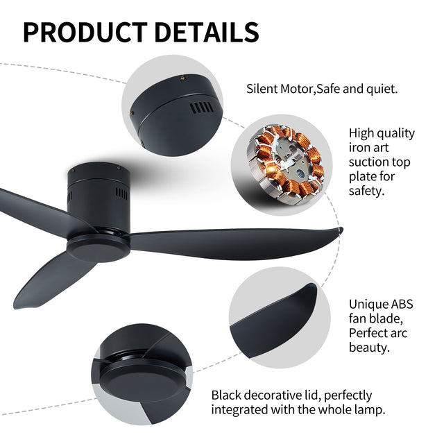52" Low Profile Ceiling Fan No Light, Black Flush Mount Ceiling Fans without Lights (Not allowed to sell on Amazon)