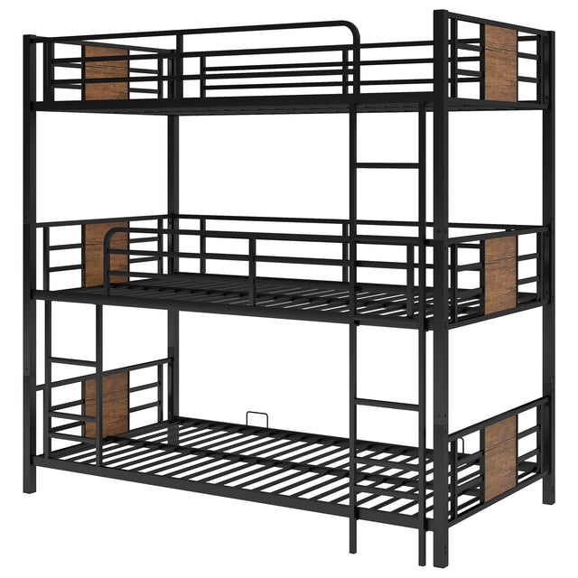 Twin Size Triple Metal Bunk Bed, with Wood Decoration Headboard and Footboard, Brown