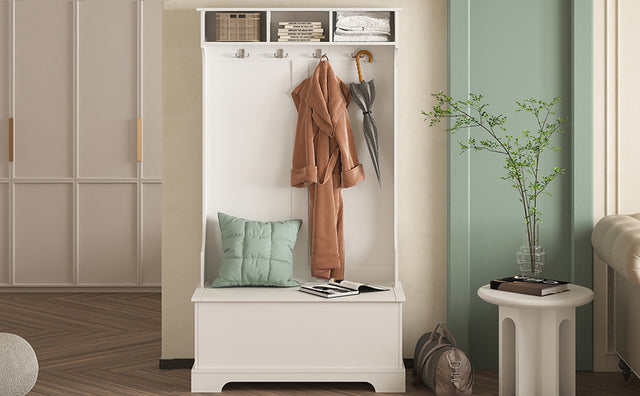ON-TREND Hall Tree with 4 Hooks and Hinged Lid, Coat Hanger, Entryway Bench, Storage Bench, 3-in-1 Design, for Entrance, Hallway (White)