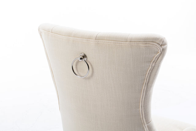 Classic Button Tufted Beige Linen Fabric Upholstered Dining Chair with Solid Wood Legs 2 PCS