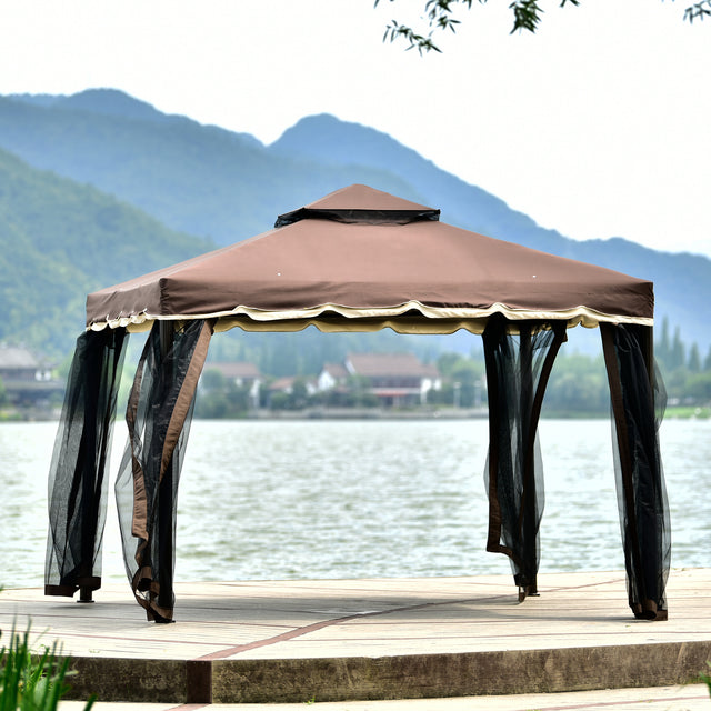TOPMAX 9.8Ft. Wx9.8Ft.L Outdoor Iron Vented Dome Top Patio Gazebo with Netting for Backyard, Poolside and Deck, Brown
