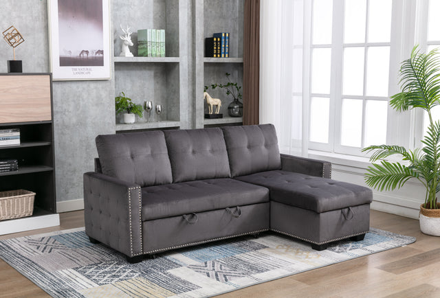 77 Inch Reversible Sectional Storage Sleeper Sofa Bed , L-Shape 2 Seat Sectional Chaise With Storage , Skin-Feeling Velvet Fabric ,Dark Grey Color For Living Room Furniture
