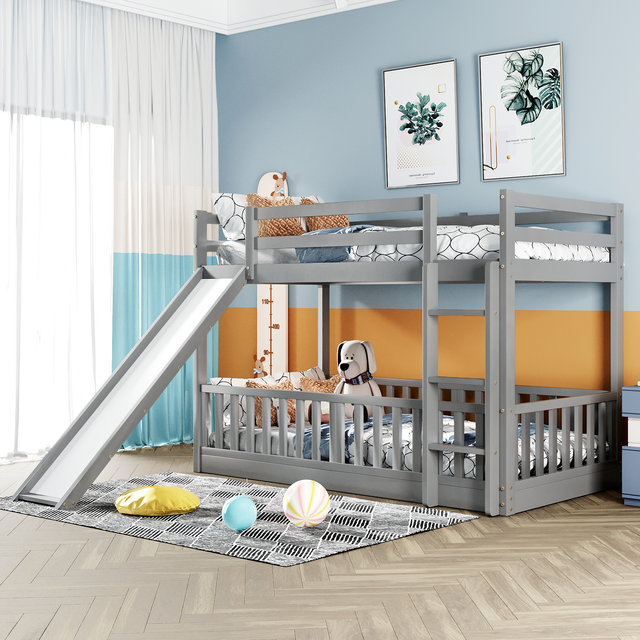 Twin Over Twin Bunk Bed with Slide and Ladder, Gray(Old SKU:LP000009AAE)