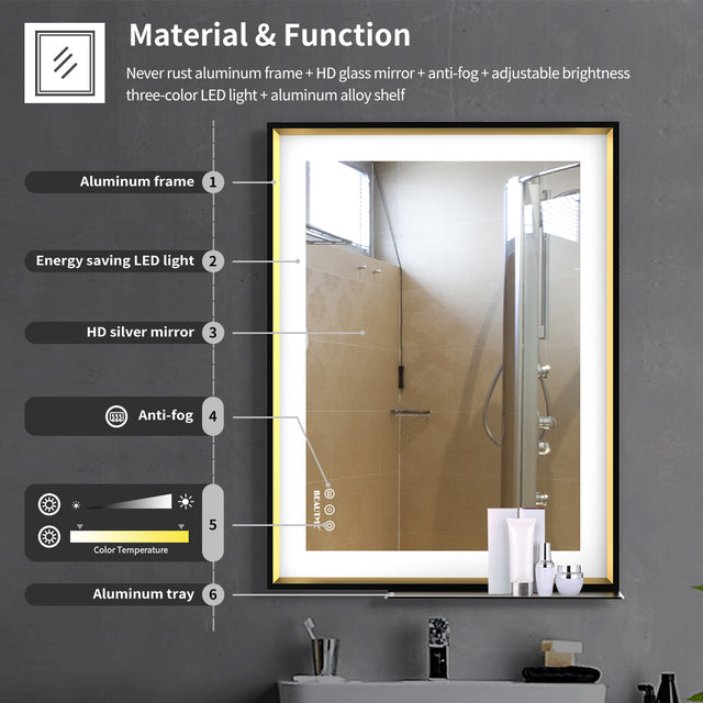 BEAUTME Bathroom Mirror with LED Lights Lighted Makeup Vanity Mirror Wall Mounted Large Size Rectangular Anti-Fog Memory Dimmable Touch Sensor Horizontal/Vertical Warm White/Daylight Lights