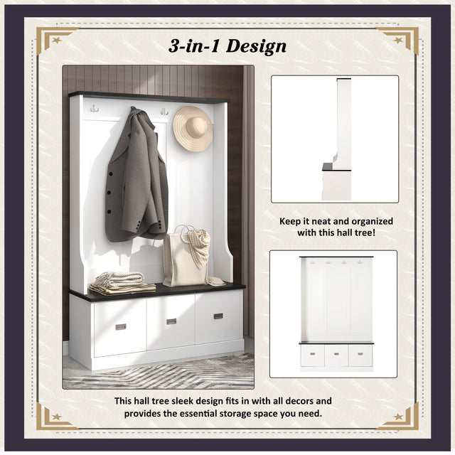 ON-TREND Two-tone Hall Tree with 4 Hooks and 3 Large Drawers, Coat Hanger, Entryway Bench, Storage Bench, 3-in-1 Design, for Entrance, Hallway (White)
