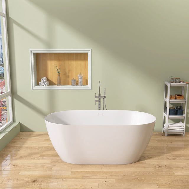 67" Acrylic Free Standing Tub - Classic Oval Shape Soaking Tub, Adjustable Freestanding Bathtub with Integrated Slotted Overflow and Chrome Pop-up Drain Anti-clogging Gloss White