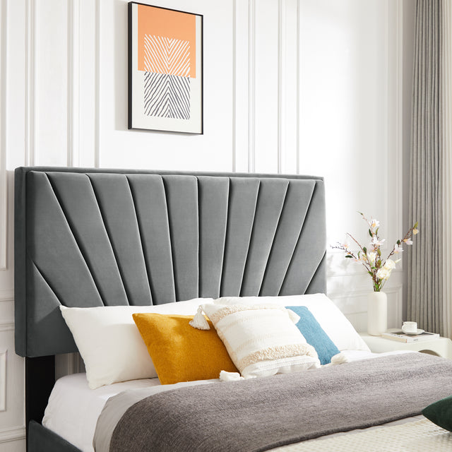 B108 Queen bed Beautiful line stripe cushion headboard , strong wooden slats + metal support feet, Gray Flannelette
