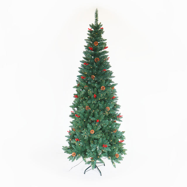 Artificial Slim Christmas Tree Pre-lit Pencil Feel Real Skinny Fir Tree with Cones and Berries 7.5ft foldable metal stand
