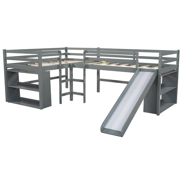 Twin Size L-Shaped Loft Bed with Movable Two-Tier Shelves and Slide,Gray