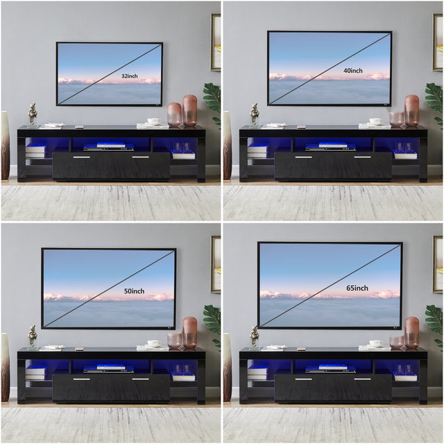 20 minutes quick assemble,Black morden TV Stand with LED Lights,high glossy front TV Cabinet,can be assembled in Lounge Room, Living Room or Bedroom,color:black