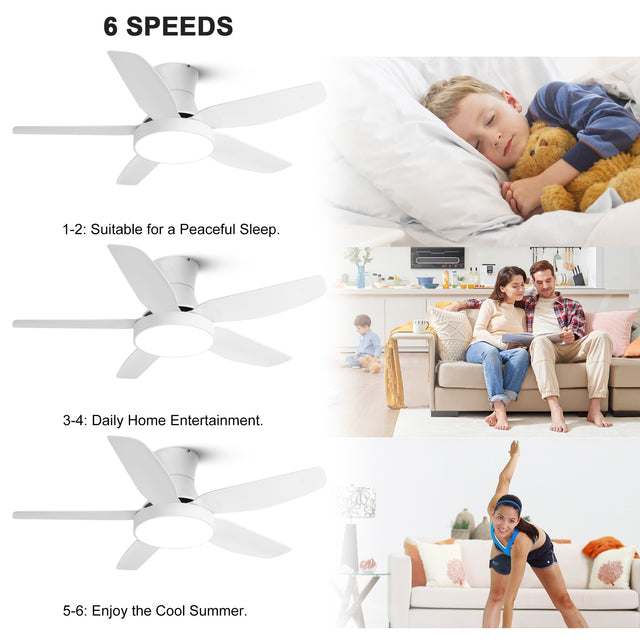 Indoor Low Profile Ceiling Fan with LED Light and Remote Control,Ultra Quiet Flush Mount Fan with 6 Speed DC Motor and Energy Efficient Light with 3 Color, 46 Inch, Fresh White Finish
