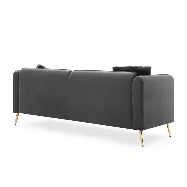 77.2” Modern Upholstered Velvet Sofa 3 Seater Couch with Removable Cushions Side Pocket Mid-Century Tufted Living Room Set Gold Metal Legs,2 Pillows Included,Grey