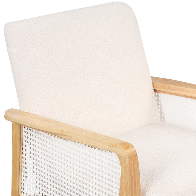 【EAT 3.10】Mid-Century Armchair Rattan Mesh Upholstered Accent Chair,Teddy Short Plush Particle Velvet Armchair for Living Room,Bedroom, Office, Studio,White