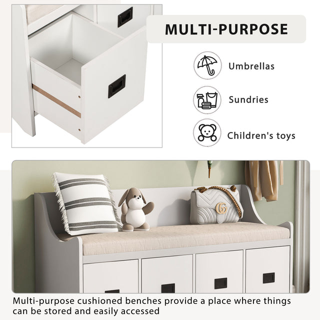 TREXM Movable Cushion Storage Bench with Drawers and Backrest for Entryway and Living Room(White)