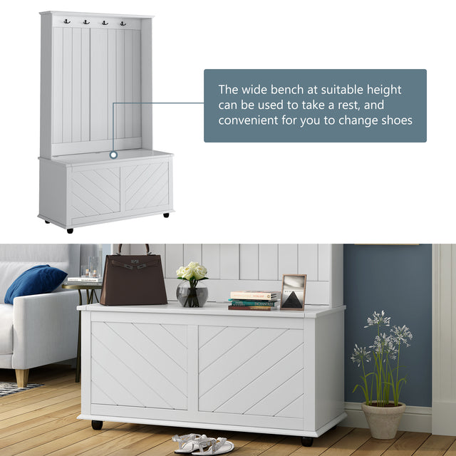 U-Can Hall Tree with 4 Hooks , Coat Hanger, Entryway Bench, Storage Bench, 3-in-1 Design, 40INCH, for Entrance, Hallway (White)