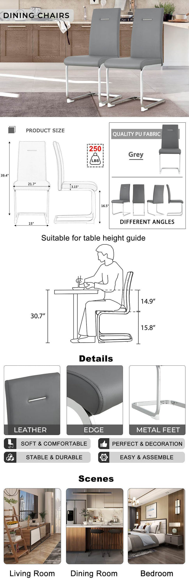Modern Dining Chairs, PU Faux Leather High Back Upholstered Side Chair ,for Dining Room Kitchen Vanity Patio Club Guest Office Chair (Set of 2) (Grey+PU Leather)