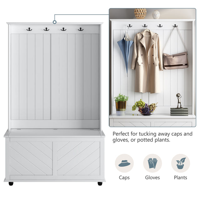 U-Can Hall Tree with 4 Hooks , Coat Hanger, Entryway Bench, Storage Bench, 3-in-1 Design, 40INCH, for Entrance, Hallway (White)